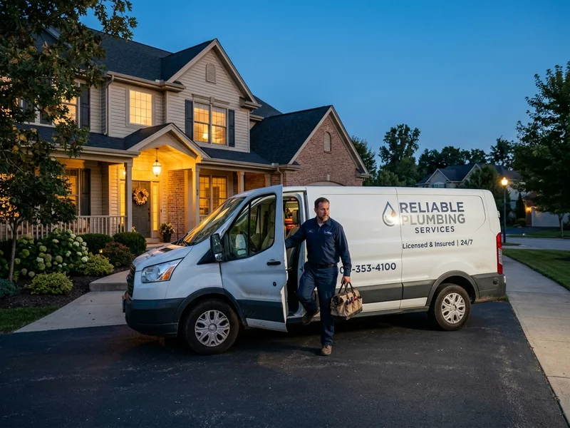 Emergency plumber arriving at a Knoxville home at night