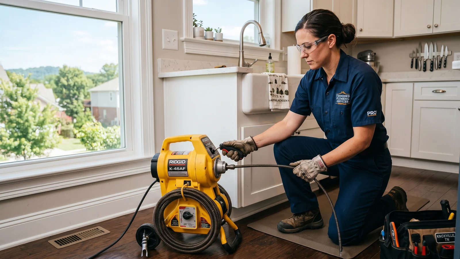 Plumber clearing a clogged drain with professional equipment in a Knoxville home